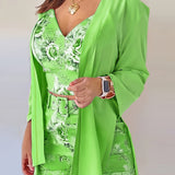 Three-Piece Elegant Outfit Set - V-Neck Crop Top, Solid Open Front Split Cardigan, and Belted Floral Print Shorts - Polyester Knit Fabric, Micro Elasticity, Random Printing, Middle East Style, All Seasons Wear