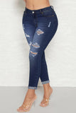 hulianfu - Deep Blue Casual Solid Ripped High Waist Skinny Denim Jeans