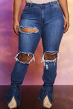 hulianfu - Blue Fashion Casual Solid Ripped Slit Mid Waist Regular Denim Jeans
