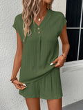 Solid Textured Two-piece Set, Button Front V Neck Short Sleeve Top & Wide Leg Shorts Outfits, Women's Clothing