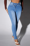 hulianfu - Deep Blue Casual Solid Patchwork High Waist Skinny Denim Jeans