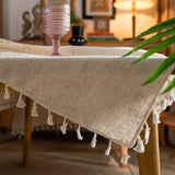 1pc Bohemian Linen Table Cloth - Exquisite Hand-Crocheted, Rustic Hemp Blend with Timeless Beige Fringes - Perfect for Christmas, Picnics, and Home Decor - Elegant and Versatile