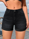 Womens Chic High-Waisted Black Denim Shorts - Stretchy Elastic Waist, Fashionable Whiskering Detail, Trendy Rolled Hem - Comfortable & Flexible for All-Day Style