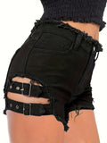 Womens High-Waisted Distressed Denim Shorts - Fashionable Cut-Outs, Buckle Accents, Frayed Hem, Non-Stretch Solid Color Summer Shorts for Elegant Casual Wear - Woven, No Printing, Spring/Summer Season