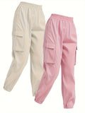 2pcs Solid Color Casual Sweatpants With Pocket, Elastic Waist Jogger Running Cargo Pants For Outdoor Hiking, Women's Athleisure