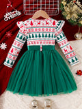 Christmas Baby Girl Snowflake Santa Hat Bow Christmas Tree Print Top Mesh Dress with Belt
