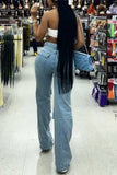 hulianfu - Sky Blue Casual Solid Ripped Patchwork High Waist Regular Denim Jeans