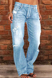 hulianfu - Blue Casual Solid Ripped Patchwork Mid Waist Regular Denim Jeans