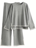 Casual Contrast Trim Fit Tracksuits Two-piece Pants Set, Long Sleeve Crew Neck Sweater & Elastic Waist Pants Outfits, Women's Clothing