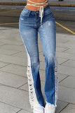hulianfu - Baby Blue Casual Patchwork Ripped High Waist Regular Denim Jeans