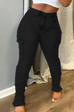 hulianfu - Black Casual Solid Patchwork Pocket High Waist Denim Jeans