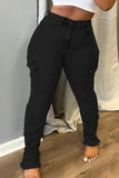 hulianfu - Black Casual Solid Patchwork Pocket High Waist Denim Jeans