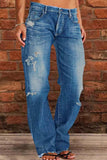 hulianfu - Blue Casual Solid Ripped Patchwork Mid Waist Regular Denim Jeans