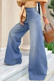 hulianfu - Blue Street Simplicity Solid Patchwork High Waist Boot Cut Denim Jeans