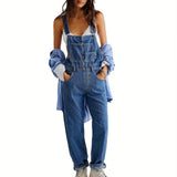 Womens Slight Stretch Denim Long Jumpsuit Romper - Casual Spaghetti Strap Wide Leg Bib Overalls with Button Front - Machine Washable, Solid Color, All-Season, Knit Fabric, No Printing, No Sheer