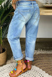 hulianfu - Baby Blue Fashion Casual Solid Ripped Patchwork Buckle High Waist Regular Denim Jeans