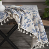 1pc Retro-Style Blue Rose Rectangular Tablecloth with Beige Fringe, Perfect for Kitchen Dining, Picnic, Buffet, Holiday Dinner, Party, Banquet, Restaurant, and Wedding Western Food Tables