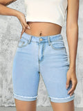 High Stretch Rolled Hem Denim Shorts - Curve-Enhancing, Slash Pockets, Comfort-Fit Ideal for Casual Daily Wear
