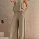 Two-Piece Pants Set - Soft Micro Elasticity Polyester Crew Neck Tank Top & Wide Leg Pants with Slant Pockets - Spring/Summer Casual Outfit for Women