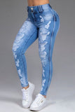 hulianfu - Dark Blue Fashion Casual Solid Ripped Patchwork High Waist Skinny Denim Jeans