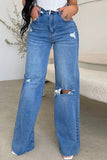 hulianfu - The cowboy blue Casual Solid Ripped Patchwork High Waist Regular Denim Jeans