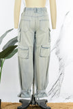 hulianfu - Fluorescent Pink Casual College Solid Ripped Make Old Patchwork Pocket High Waist Denim Jeans