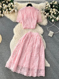 Summer Korean Small Fragrance Style Lace Set Two Piece Suit Hook Flower Short Sleeve Shirt Tops Midi Skirt Womens Outfits 240319