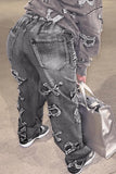 hulianfu - Grey Street Print Make Old Patchwork High Waist Denim Jeans
