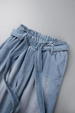 hulianfu - Light Blue Casual Solid Bandage Patchwork High Waist Straight Denim Jeans