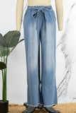 hulianfu - Light Blue Casual Solid Bandage Patchwork High Waist Straight Denim Jeans