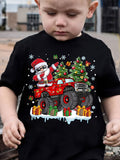MILKYSHIP Kids Christmas Monster Truck Santa Print T-Shirt - Casual Crew Neck Polyester Tee with Applique, Slight Stretch, Summer Season Top for Boys, Regular Fit, Knit Fabric - Ages 12 & Under