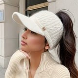 Cozy Knit Ponytail Visor Cap For Women - Thick Fleece-Lined, Ear Protection, Stretch Fit Baseball Hat For Fall/Winter