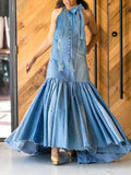 Patchwork Hyperbolic Ruffle Hem Denim Maxi Dress