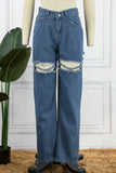 hulianfu - Blue Casual Solid Ripped High Waist Regular Denim Jeans