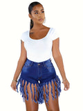 Ultra-Stretch Carnaval Fringe Denim Shorts - Fashionable Washed Blue, High Waist Party Style - For Trendsetting Women