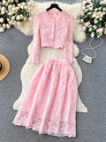 Summer Korean Small Fragrance Style Lace Set Two Piece Suit Hook Flower Short Sleeve Shirt Tops Midi Skirt Womens Outfits 240319