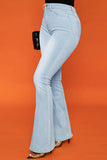 hulianfu - Blue Casual Solid Patchwork High Waist Boot Cut Denim Jeans