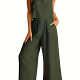 Summer Womens Fresh Fashion Square Neck Sleeveless Tank Top & Wide Leg Long Pants Set - Comfortable, Breathable, Relaxed Fit, European and American Style, Leisure Wear, Suspended Design, Two-Piece Outfit