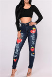 hulianfu - Deep Blue Fashion Casual Print Patchwork Mid Waist Skinny Denim Jeans