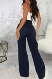 hulianfu - Dark Blue Casual Solid Ripped Patchwork High Waist Denim Jeans