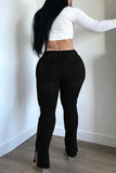 hulianfu - Black Casual Solid Patchwork Slit High Waist Denim Jeans