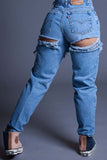 hulianfu - Blue Casual Solid Ripped High Waist Regular Denim Jeans
