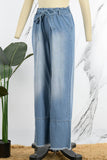 hulianfu - Light Blue Casual Solid Bandage Patchwork High Waist Straight Denim Jeans