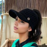 Cozy Knit Ponytail Visor Cap For Women - Thick Fleece-Lined, Ear Protection, Stretch Fit Baseball Hat For Fall/Winter