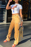 hulianfu - Khaki Casual Solid Patchwork Regular High Waist Conventional Patchwork Jeans