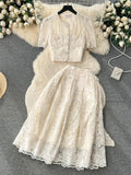 Summer Korean Small Fragrance Style Lace Set Two Piece Suit Hook Flower Short Sleeve Shirt Tops Midi Skirt Womens Outfits 240319