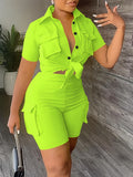 Chic Womens Two-Piece Outfit Set - Casual Button-Down Blouse & Flap Pocket Shorts - Perfect for Everyday Style - Contemporary Wardrobe Essential