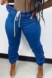 hulianfu - Blue Casual Solid Patchwork High Waist Harlan Denim Jeans