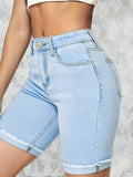 High Stretch Rolled Hem Denim Shorts - Curve-Enhancing, Slash Pockets, Comfort-Fit Ideal for Casual Daily Wear