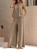 Two-Piece Pants Set - Soft Micro Elasticity Polyester Crew Neck Tank Top & Wide Leg Pants with Slant Pockets - Spring/Summer Casual Outfit for Women